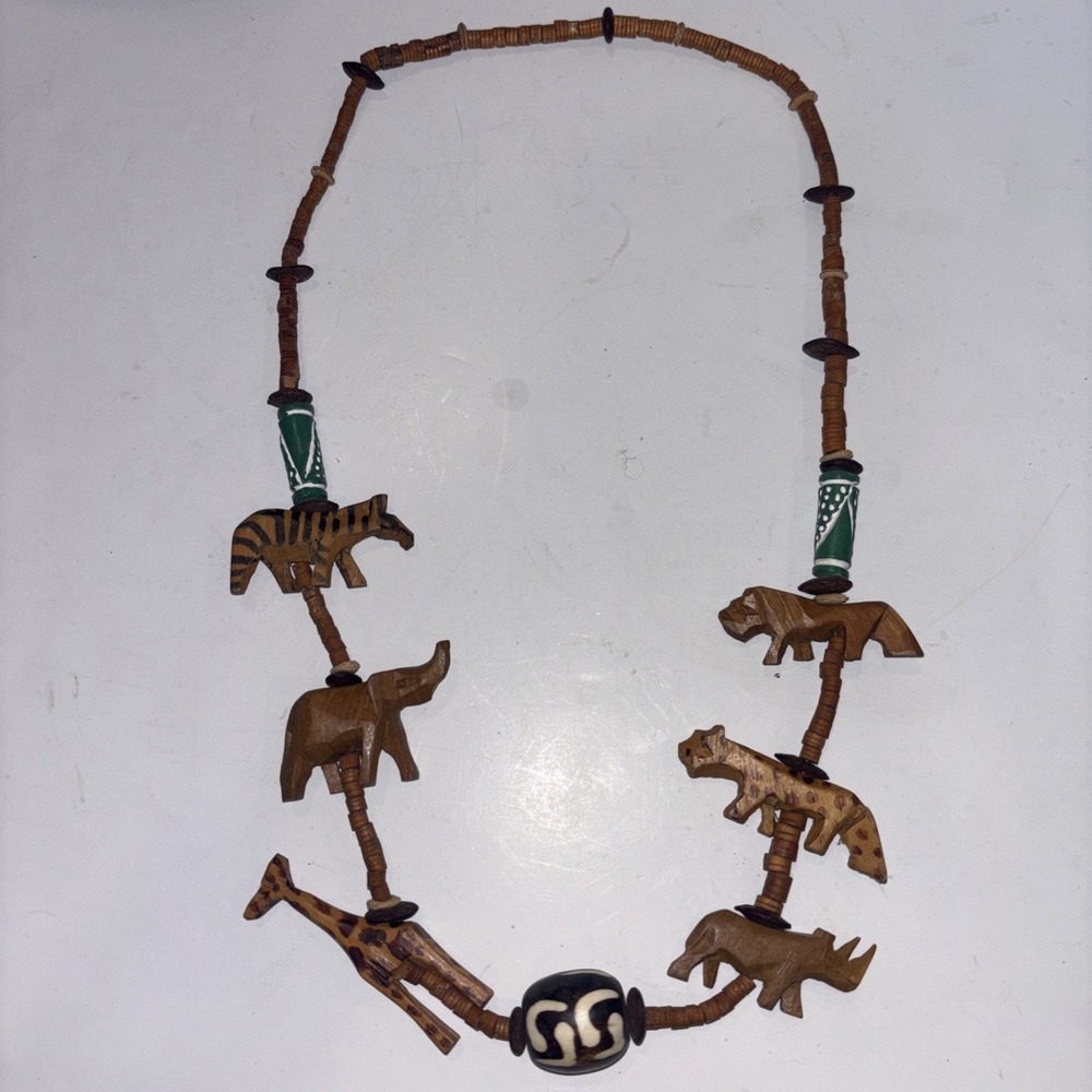 Vtg Hand Carved Wooden African Safari Animal Necklace Zebra Elephant Batik Bead